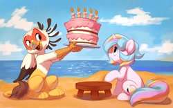 Size: 4000x2500 | Tagged: safe, artist:vistamage, imported from derpibooru, oc, oc only, oc:oofy colorful, oc:vistamage, griffon, pony, unicorn, cake, candle, duo, female, food, griffon oc, high res, horn, male, mare, oc x oc, oofymage, open mouth, open smile, shipping, sitting, smiling, straight, unicorn oc