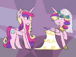 Size: 2048x1536 | Tagged: safe, artist:mintymelody, imported from derpibooru, princess cadance, queen chrysalis, alicorn, pony, a canterlot wedding, canterlot wedding 10th anniversary, clothes, dress, duo, fake cadance, female, folded wings, mare, messy mane, this day aria, wedding dress, wings