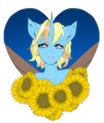 Size: 2303x2700 | Tagged: safe, artist:st. oni, imported from derpibooru, oc, oc only, oc:skydreams, anthro, unicorn, artificial wings, augmented, bust, female, flower, heart, looking at you, mare, mechanical wing, portrait, simple background, solo, sunflower, transparent background, wings