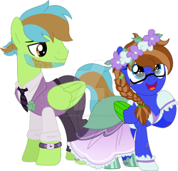Size: 1280x1229 | Tagged: safe, artist:pure-blue-heart, imported from derpibooru, oc, oc only, oc:bluebook, oc:harmonic melody, pegasus, beard, blue eyes, brown eyes, clothes, colored wings, couple, dress, facial hair, female, floral head wreath, flower, freckles, gala dress, glasses, jewelry, male, mare, simple background, size difference, stallion, suit, transparent background, two toned mane, two toned wings, watermark, wings