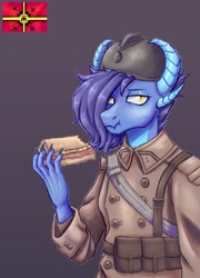 Size: 1155x1600 | Tagged: safe, imported from derpibooru, oc, oc:smold, anthro, dragon, equestria at war mod, breasts, clothes, eating, military uniform, uniform