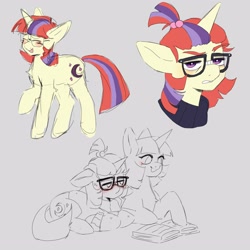 Size: 3000x3000 | Tagged: safe, artist:exxi00, imported from derpibooru, moondancer, twilight sparkle, pony, unicorn, blushing, book, duo, female, floppy ears, glasses, gray background, lying down, mare, prone, reading, simple background, sketch