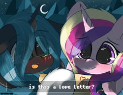 Size: 1800x1390 | Tagged: safe, artist:grithcourage, imported from derpibooru, princess cadance, queen chrysalis, shining armor, alicorn, adorable face, ask, bisexual, blushing, canterlot wedding 10th anniversary, chrysarmordance, cute, cutealis, cutedance, duo, duo female, fangs, female, fluffy, lesbian, letter, male, moon, night, polyamory, shipping, straight, text