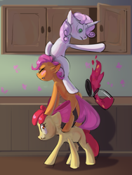 Size: 1800x2400 | Tagged: safe, artist:yarugreat, imported from derpibooru, apple bloom, scootaloo, sweetie belle, butterfly, earth pony, pegasus, pony, unicorn, blank flank, blushing, cupboard, cute, cutealoo, cutie mark crusaders, fail, female, filly, foal, food, imminent mess, jam, kitchen, oops, pony pile, tabun art-battle, this will end in a mess, tower of pony, trio, whoops, you dun goofed