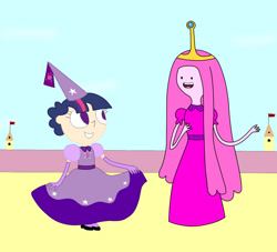 Size: 1536x1397 | Tagged: safe, artist:04startycornonline88, imported from derpibooru, twilight sparkle, human, adventure time, bonding, clothes, crossover, dress, dressup, friendly, happy, hat, having fun, hennin, humanized, interactive, looking at each other, looking at someone, nice, open mouth, princess, princess bubblegum, skirt, skirt lift, smiling, smiling at each other
