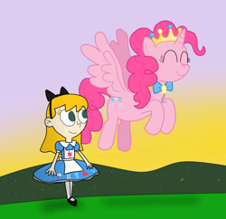 Size: 1233x1193 | Tagged: safe, artist:04startycornonline88, imported from derpibooru, pinkie pie, alicorn, human, alicornified, bonding, clothes, dress, element of laughter, eyes closed, fiona munson, flying, friendly, having fun, pinkiecorn, playful, princess pinkie pie, race swap, xk-class end-of-the-world scenario