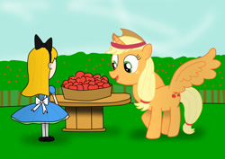 Size: 1552x1096 | Tagged: safe, artist:04startycornonline88, imported from derpibooru, applejack, alicorn, human, alicornified, apple, applecorn, crate, fiona munson, food, happy, princess applejack, race swap, smiling, wood, working