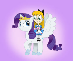 Size: 1438x1213 | Tagged: safe, artist:04startycornonline88, imported from derpibooru, rarity, alicorn, human, alicornified, crown, element of generosity, female, fiona munson, happy, jewelry, looking at each other, looking at someone, mare, princess rarity, race swap, raricorn, regalia, riding a pony, smiling, smiling at each other