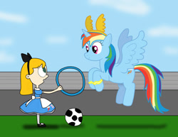 Size: 1666x1288 | Tagged: safe, artist:04startycornonline88, imported from derpibooru, rainbow dash, alicorn, human, alicornified, element of loyalty, fiona munson, football, looking at each other, looking at someone, race swap, rainbowcorn, sports