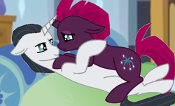Size: 1024x617 | Tagged: safe, artist:alphamysticaura, artist:decokenite, imported from derpibooru, chancellor neighsay, fizzlepop berrytwist, tempest shadow, pony, unicorn, bed, bedroom eyes, bedroom ponies, boop, crossed horns, cuddling, eyeshadow, female, horn, horns are touching, just kiss already, looking at each other, looking at someone, makeup, male, mare, room, shipping, stallion, straight, tempest neighsay