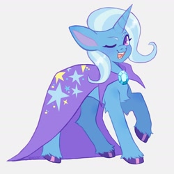 Size: 2200x2200 | Tagged: safe, artist:exxi00, imported from derpibooru, trixie, pony, unicorn, cape, chest fluff, clothes, fangs, female, looking at you, mare, one eye closed, open mouth, raised hoof, smiling, solo, trixie's cape, unshorn fetlocks, wink