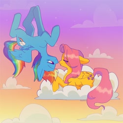 Size: 1200x1200 | Tagged: dead source, safe, artist:exxi00, imported from derpibooru, fluttershy, rainbow dash, pegasus, pony, cloud, duo, eyes closed, female, flutterdash, flying, lesbian, on a cloud, shipping, upside down