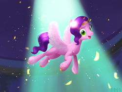 Size: 2309x1732 | Tagged: safe, artist:rily, imported from derpibooru, pipp petals, pegasus, pony, concert, g5, green eyes, growing up, my little pony: a new generation, night, pink skin, purple mane, sequence, sparkling, we got the light