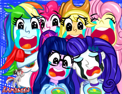 Size: 3900x3000 | Tagged: safe, artist:kamikiku, imported from derpibooru, applejack, fluttershy, pinkie pie, rainbow dash, rarity, sci-twi, twilight sparkle, human, equestria girls, legend of everfree, crying, crying on the outside, humane five, humane six, makeup, open mouth, running makeup, screaming, watermark