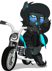 Size: 3668x5000 | Tagged: safe, artist:jhayarr23, imported from derpibooru, oc, oc only, oc:umbra glow, bat pony, bat pony oc, biker, bipedal, bipedal leaning, boots, clothes, commission, freckles, glasses, jacket, latex, leaning, leather jacket, looking at you, motorcycle, shoes, simple background, solo, transparent background, your character here