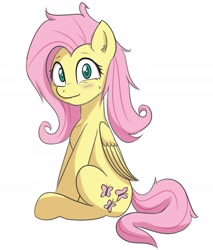 Size: 2000x2348 | Tagged: safe, artist:yinglung, imported from derpibooru, fluttershy, pegasus, blushing, messy mane, simple background, sitting, solo, white background