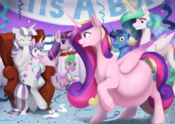 Size: 3508x2481 | Tagged: safe, artist:sinfoe, imported from derpibooru, night light, princess cadance, princess celestia, princess flurry heart, spike, twilight sparkle, twilight velvet, alicorn, dragon, pony, unicorn, armchair, baby shower, belly, big belly, cake, chair, commissioner:reversalmushroom, concerned, family, food, grandparent and grandchild, grin, huge belly, impossibly large belly, in-laws, indoors, levitation, magic, open mouth, parent and child, party, pregdance, pregnant, raised hoof, sitting, smiling, standing, stare, telekinesis