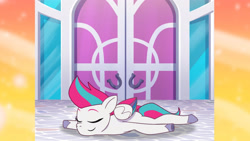 Size: 3410x1920 | Tagged: safe, imported from derpibooru, screencap, zipp storm, pegasus, pony, spoiler:g5, spoiler:my little pony: tell your tale, spoiler:tyts01e07, clip trot, eyes closed, female, g5, high res, lying down, mare, my little pony: tell your tale, prone, smiling, solo