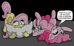 Size: 1977x1233 | Tagged: safe, artist:doodledonutart, imported from derpibooru, angel bunny, fluttershy, pinkie pie, earth pony, pegasus, pony, rabbit, angel is a bunny bastard, animal, comic, lying down, on back, pillow, scared