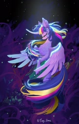 Size: 1320x2048 | Tagged: safe, artist:tinybenz, imported from derpibooru, twilight sparkle, alicorn, pony, chest fluff, curved horn, eyes closed, female, flying, horn, mare, signature, solo, spread wings, twilight sparkle (alicorn), wings