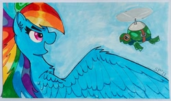 Size: 2777x1643 | Tagged: safe, artist:single purpose, imported from derpibooru, rainbow dash, tank, pegasus, pony, flying, marker drawing, spread wings, traditional art, wings