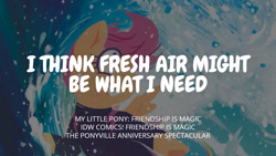 Size: 1280x720 | Tagged: safe, edit, editor:quoterific, idw, imported from derpibooru, scootaloo, pegasus, pony, clothes, female, filly, foal, grin, smiling, spread wings, surfboard, surfing, swimsuit, text, the ponyville anniversary spectacular, wings