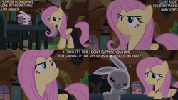 Size: 1280x720 | Tagged: safe, edit, edited screencap, editor:quoterific, imported from derpibooru, screencap, angel bunny, fluttershy, pegasus, pony, rabbit, scare master, season 5, animal, duo, female, fluttershy's cottage, grin, male, mare, night, open mouth, open smile, smiling, text