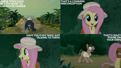 Size: 1280x720 | Tagged: safe, edit, edited screencap, editor:quoterific, imported from derpibooru, screencap, doctor caballeron, fluttershy, cat, cheetah, earth pony, pegasus, pony, daring doubt, season 9, spoiler:s09, bag, duo, female, male, mare, open mouth, open smile, saddle bag, smiling, stallion, text