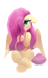 Size: 1989x3225 | Tagged: safe, artist:raphaeldavid, imported from derpibooru, fluttershy, pegasus, semi-anthro, blushing, crossed legs, cute, daaaaaaaaaaaw, female, floppy ears, hair over one eye, hiding behind mane, looking at you, mare, partially open wings, shy, shyabetes, simple background, solo, weapons-grade cute, white background, wings