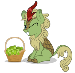 Size: 3104x3016 | Tagged: artist needed, safe, imported from derpibooru, forest fall, kirin, basket, cute, kirinbetes, looking at you, male, one eye closed, simple background, sitting, smiling, solo, transparent background, vector, wink, winking at you