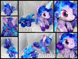 Size: 1920x1440 | Tagged: safe, artist:rubiowolf, imported from derpibooru, izzy moonbow, pony, seapony (g4), unicorn, blue mane, dorsal fin, female, fish tail, g5, horn, irl, jewelry, mare, necklace, photo, pink eyes, plushie, seaponified, seapony izzy moonbow, smiling, solo, species swap, tail, watermark