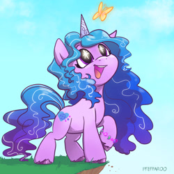 Size: 2048x2048 | Tagged: safe, artist:pfeffaroo, imported from derpibooru, izzy moonbow, butterfly, pony, unicorn, bracelet, cliff, curly hair, curly mane, cute, filly, filly izzy moonbow, g5, happy, jewelry, open mouth, open smile, raised hoof, smiling, solo, starry eyes, the fool, unshorn fetlocks, weapons-grade cute, wingding eyes, younger