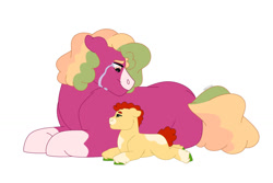 Size: 1280x854 | Tagged: safe, artist:itstechtock, imported from derpibooru, oc, oc only, oc:jalapeno popper, oc:wanderleaf, earth pony, pony, baby, baby pony, crying, female, lying down, mare, parent:oc:wanderleaf, prone, simple background, white background