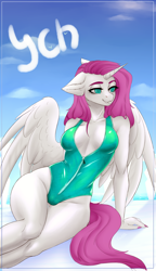 Size: 1554x2690 | Tagged: safe, artist:evlass, imported from derpibooru, oc, alicorn, anthro, breasts, clothes, commission, one-piece swimsuit, solo, swimsuit, ych sketch, zipper