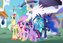 Size: 1575x1080 | Tagged: safe, artist:amigogogo, imported from derpibooru, princess cadance, princess celestia, princess ember, princess luna, princess skystar, twilight sparkle, alicorn, classical hippogriff, dragon, hippogriff, pony, my little pony: the movie, alicorn tetrarchy, canterlot, crown, folded wings, hoof shoes, jewelry, regalia, spread wings, tiara, twilight sparkle (alicorn), wings