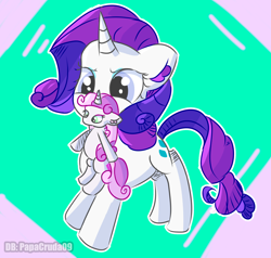 Size: 2000x1900 | Tagged: safe, artist:papacruda09, imported from derpibooru, rarity, sweetie belle, pony, unicorn, abstract background, behaving like a cat, cute, female, happy, horn, horns, looking at you, mouth hold, siblings, sisters