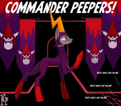 Size: 4000x3500 | Tagged: safe, alternate version, artist:kirov, imported from derpibooru, earth pony, pony, banner, black background, clothes, commander peepers, crossover, english, gray coat, helmet, no mane, no tail, ponified, text, uniform, wander over yonder