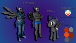 Size: 1920x1080 | Tagged: safe, imported from derpibooru, oc, oc only, oc:rv, alicorn, anthro, plantigrade anthro, pony, 3d, alicorn oc, anthro oc, blue mane, boxer briefs, clothes, emoji, gradient background, gray coat, horn, male, red eyes, reference, reference sheet, solo, source filmmaker, standing, underwear, wings