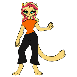 Size: 768x768 | Tagged: safe, artist:thatradhedgehog, imported from derpibooru, sunset shimmer, anthro, cat, digitigrade anthro, nekomata, youkai, equestria girls, base used, bellbottoms, catified, nyanset shimmer, simple background, species swap, transparent background