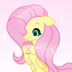 Size: 1280x1287 | Tagged: safe, artist:vi45, imported from derpibooru, fluttershy, pegasus, pony, abstract background, bust, cup, drink, female, floppy ears, folded wings, gradient background, hair over one eye, hoof hold, mare, mug, outline, raised hoof, smiling, solo, sparkles, three quarter view, wings