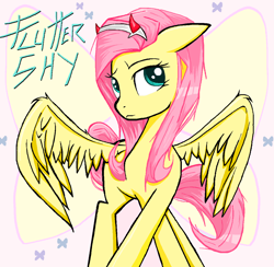 Size: 1212x1184 | Tagged: safe, artist:sallycars, imported from derpibooru, fluttershy, butterfly, pegasus, pony, aside glance, crossed hooves, devil horns, female, floppy ears, fluttershy day, horns, looking at you, mare, ms paint, name, solo, spread wings, standing, turned head, wings, zerotwo