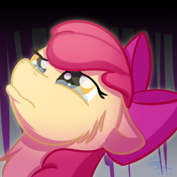 Size: 1000x1000 | Tagged: safe, artist:exobass, imported from derpibooru, apple bloom, earth pony, pony, bow, bust, crying, expression, female, floppy ears, sad, solo, teary eyes