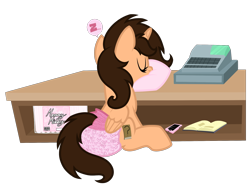 Size: 1954x1467 | Tagged: safe, artist:mommymidday, imported from derpibooru, oc, oc only, oc:small brooke, alicorn, pony, book, cash register, diaper, diaperpackage, indoors, iphone, non-baby in diaper, pillow, pullup (diaper), shop, show accurate, simple background, sitting, sleeping, solo, spellbook, transparent background