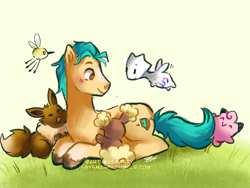 Size: 1280x960 | Tagged: safe, artist:artsbysmarty, imported from derpibooru, hitch trailblazer, buneary, clefairy, earth pony, eevee, pony, togetic, blushing, critter magnet, crossover, cute, cutiefly, g5, grass, hitchbetes, lying down, male, pokémon, simple background, smiling, stallion
