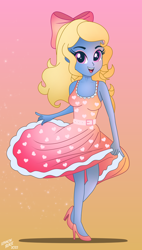 Size: 1700x2983 | Tagged: safe, artist:lennonblack, imported from derpibooru, oc, oc:azure/sapphire, human, equestria girls, breastforms, clothes, crossdressing, dress, femboy, makeup, male, polka dots, spinning, twirl, wig