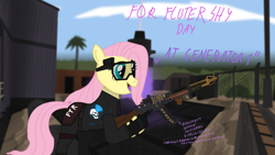 Size: 1280x720 | Tagged: safe, artist:fiveclassified, imported from derpibooru, fluttershy, pegasus, pony, call of duty, call of duty zombies, day, firebasez, kt84, solo
