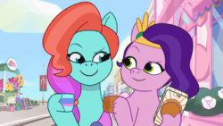 Size: 800x450 | Tagged: safe, imported from derpibooru, screencap, pipp petals, earth pony, pegasus, pony, spoiler:g5, spoiler:my little pony: tell your tale, spoiler:tyts01e07, animated, cellphone, clip trot, duo, duo female, eye contact, female, g5, gif, grin, hoof heart, hoof hold, hoofbump, jazz hooves, looking at each other, looking at someone, loop, mare, maretime bay, my little pony: tell your tale, outdoors, phone, raised eyebrow, smartphone, smiling, underhoof, upside-down hoof heart, youtube link