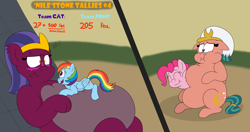 Size: 5500x2900 | Tagged: safe, artist:rupertbluefox, imported from derpibooru, pinkie pie, rainbow dash, somnambula, sphinx (character), earth pony, pegasus, pony, sphinx, series:miles&nilesofcat&fat, 2 panel comic, belly, belly bed, big belly, blushing, butt, chubby cheeks, comic, cross-popping veins, cute, dashabetes, desert, diapinkes, duo, duo female, egyptian, egyptian headdress, egyptian pony, eyeshadow, fat, fat fetish, female, fetish, hug, huge belly, impossibly large belly, incentive drive, lidded eyes, lying down, makeup, mare, missing accessory, navel play, obese, plot, prone, puffy cheeks, pyramid, shocked, shocked expression, shrunken pupils, sinking, smiling, somnambetes, sphinxdorable, teeth, this ended in weight gain, unamused, weight gain, weight gain sequence