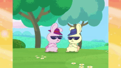Size: 1280x720 | Tagged: safe, imported from derpibooru, screencap, pipp petals, pegasus, pony, rabbit, spoiler:g5, spoiler:my little pony: tell your tale, spoiler:tyts01e07, animal, animated, clip trot, fedora, female, g5, hat, hip hop bunny bop, mare, music, my little pony: tell your tale, phone, sound, sunglasses, the bunny hip-hop, wat, webm