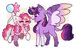 Size: 3304x2187 | Tagged: safe, artist:moccabliss, imported from derpibooru, pinkie pie, twilight sparkle, alicorn, earth pony, pony, alternate design, balloon, female, happy, leonine tail, lesbian, mare, open mouth, open smile, shipping, smiling, spread wings, tail, twilight sparkle (alicorn), twinkie, wings